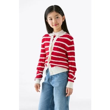 타미힐피거키즈 25년 S/S         T42F1WCD550GT1          스트라이프 케이블 카디건 (레드, 네이비)