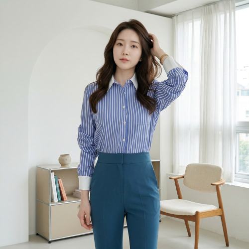 스타일라떼 / 화이트 배색 소매 카라 스트라이프 셔츠 면남방