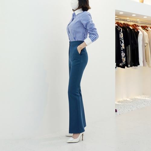 스타일라떼 / 화이트 배색 소매 카라 스트라이프 셔츠 면남방