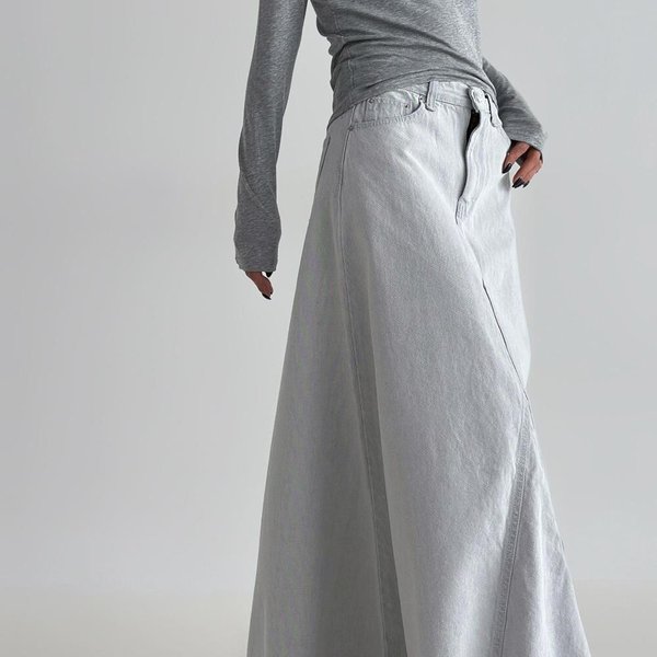 [옷자락] 여자 맥시와이드 A라인 밑단컷팅 회색데님 롱스커트