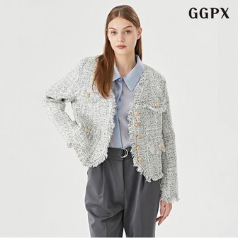 GGPX 정상가:139,000원  V넥 골드 버튼 페미닌 트위드 긴팔 자켓 (GOCJK013D)