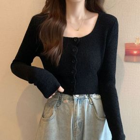 여자가을코디 여성 2컬러 크롭 스퀘어넥 간절기 슬림 가디건