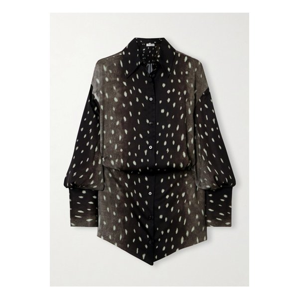 실비에 비대칭 치타 프린트 새틴 트윌 미니 셔츠 드레스 브라운 1647597335363796