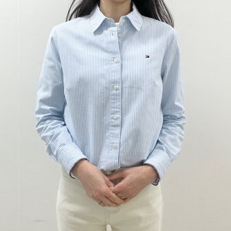 타미힐피거 여성 베이직 솔리드 스트라이프 플래그 로고 옥스포드 긴팔 셔츠