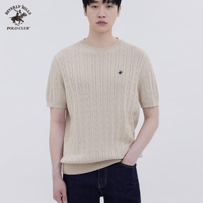 [비버리힐즈폴로클럽] 남여공용 자수로고 케이블 꽈배기 라운드넥 반팔 니트 (3컬러)