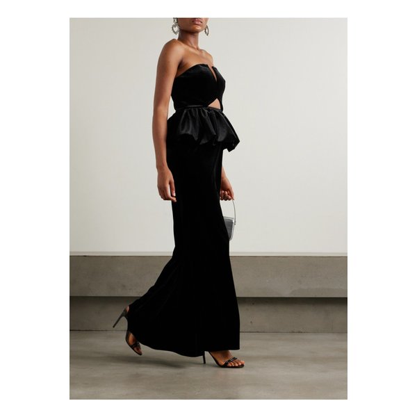 스트랩리스 컷아웃 벨벳 페플럼 맥시 드레스 블랙 1647597345383068