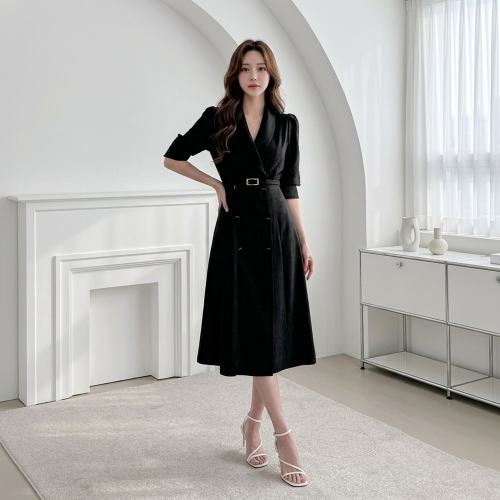 스타일라떼 / 고급스러운 벨티드 숄카라 A라인 랩 자켓 원피스