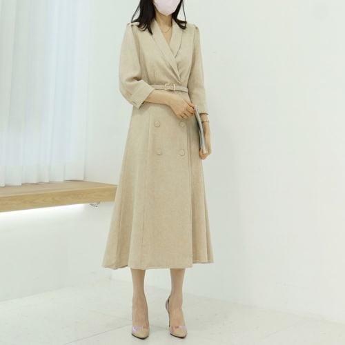 스타일라떼 / 고급스러운 벨티드 숄카라 A라인 랩 자켓 원피스