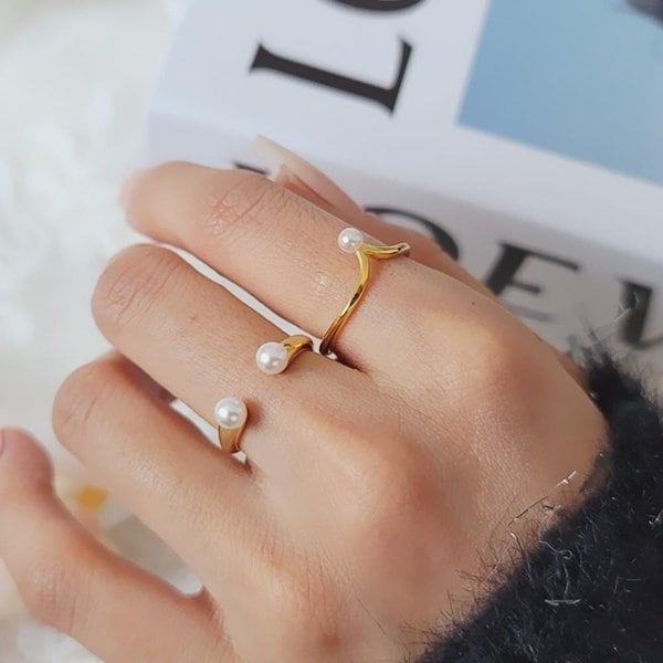 [옷자락] 여자 모던 진주 물결 오픈 디자인 데일리 반지