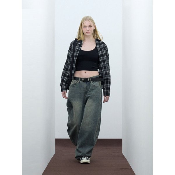 85-VIVA097 퓨즈 크롭 긴팔 체크 셔츠 블랙