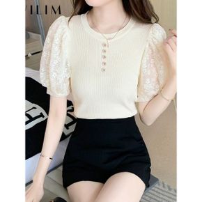 레이스 배색 단추 니트티셔츠 GBMKN129P _P342775203