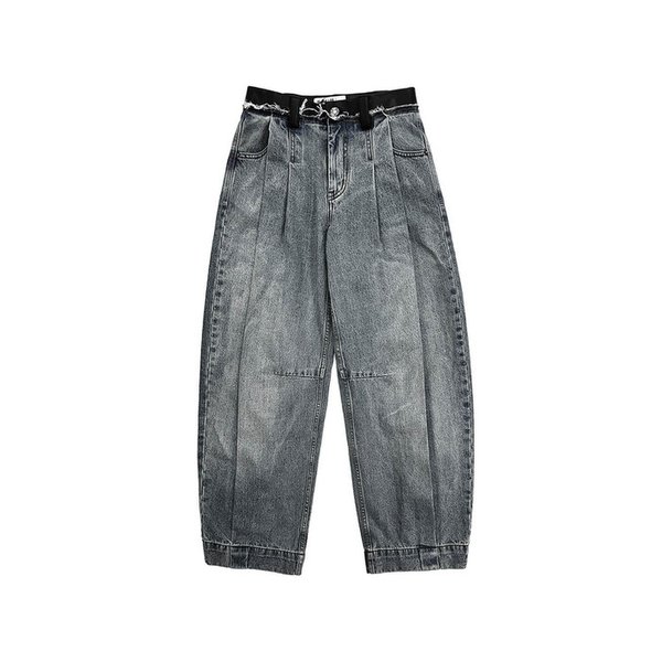 BLACK VOLUME TUCK FAUX LEATHER BELT DENIM PANTS