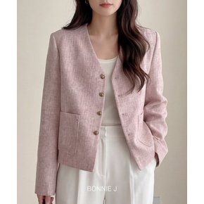핑크 믹스 트위드 노카라 자켓 하객 격식룩 브이넥 빅 포켓 숏 자켓 간절기 오피스룩