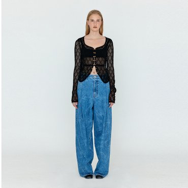 EENK WJEAN Folded Front Wide Denim Pants - Denim Blue