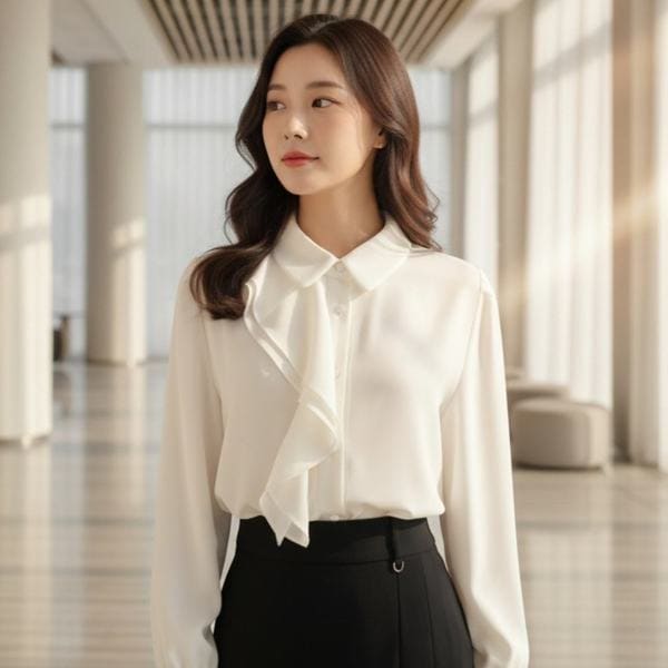 확대된 대표 스타일라떼 / 풍성한 하프 프릴 카라넥 쉬폰 블라우스 우아한 정장 브라우스 하객룩 코디