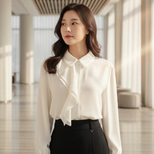 스타일라떼 / 풍성한 하프 프릴 카라넥 쉬폰 블라우스 우아한 정장 브라우스 하객룩 코디