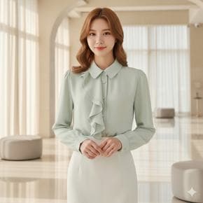 / 풍성한 하프 프릴 카라넥 쉬폰 블라우스 우아한 정장 브라우스 하객룩 코디