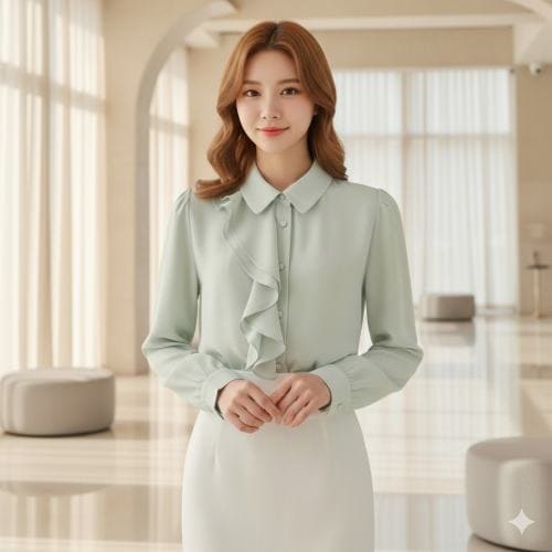 스타일라떼 / 풍성한 하프 프릴 카라넥 쉬폰 블라우스 우아한 정장 브라우스 하객룩 코디