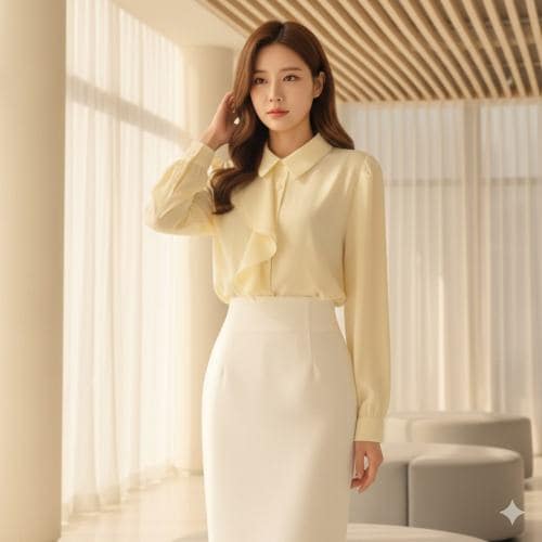 스타일라떼 / 풍성한 하프 프릴 카라넥 쉬폰 블라우스 우아한 정장 브라우스 하객룩 코디