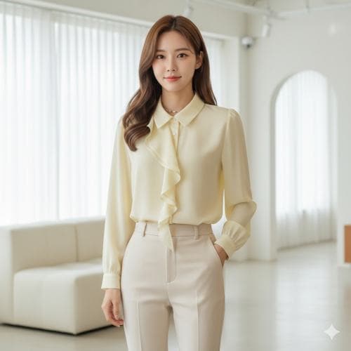 스타일라떼 / 풍성한 하프 프릴 카라넥 쉬폰 블라우스 우아한 정장 브라우스 하객룩 코디