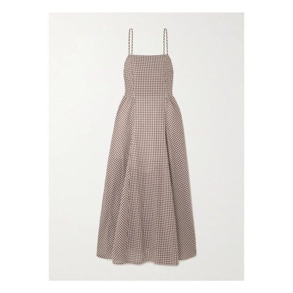 포세 캘리 플리츠 깅엄 코튼 보일 미디 드레스 라이트 브라운 46376663162895064