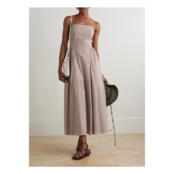 포세 캘리 플리츠 깅엄 코튼 보일 미디 드레스 라이트 브라운 46376663162895064