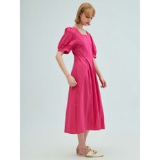 Square-neck puff sleeve flare dress_pink