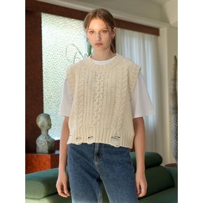 Wool Cable Damage Knit Vest (Ivory)