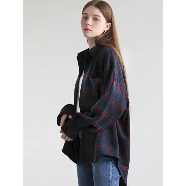 마르스 오버핏 울 체크 셔츠-네이비