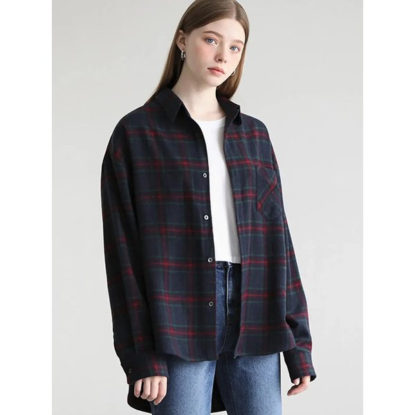 마르스 오버핏 울 체크 셔츠-네이비