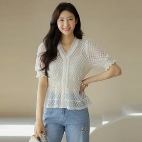 [루이스엔젤] 멜리아 시스루 엠보 도트 쟈가드 레이스 허리 스모킹 페플럼 블라우스