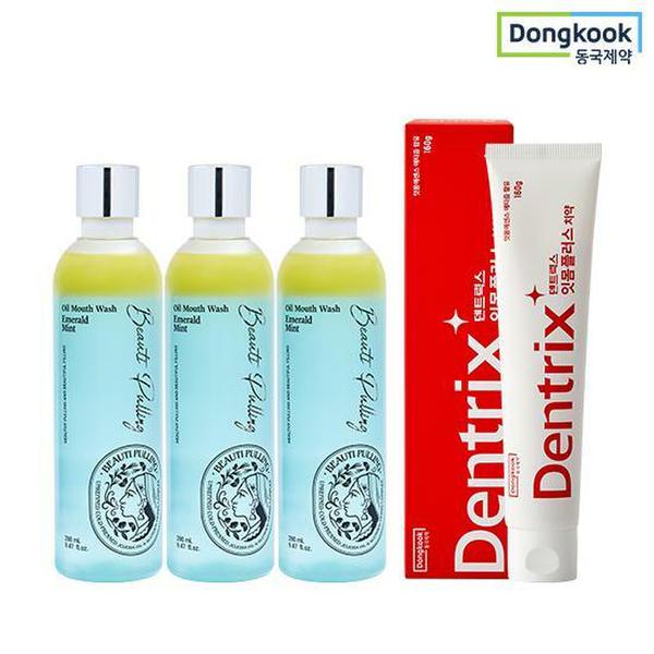동국제약 뷰티풀링 오일가글 280ml 3개 + 덴트릭스 잇몸플러스치약 160g 1개 (민트/파인/루이보스