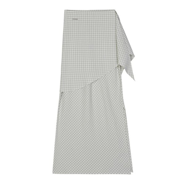 DRAPE WRAP CHECK LONG SKIRT_IVORY