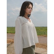 V-neck Lace Shirring Blouse - White