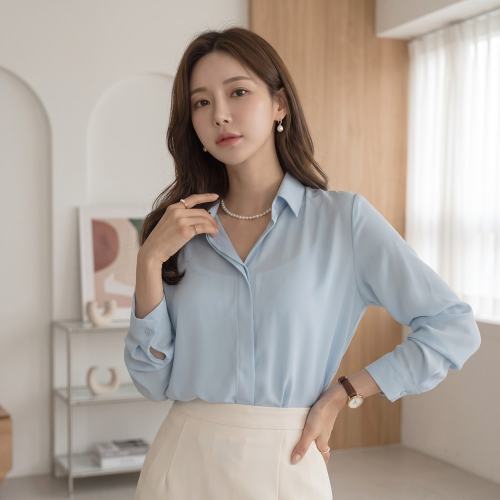 베이직 긴팔 카라 히든버튼 쉬폰 블라우스 단정한 면접 브라우스