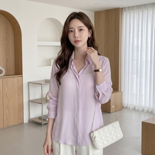 베이직 긴팔 카라 히든버튼 쉬폰 블라우스 단정한 면접 브라우스