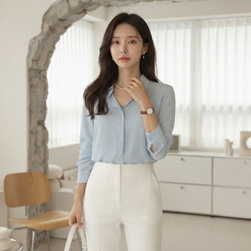 베이직 긴팔 카라 히든버튼 쉬폰 블라우스 단정한 면접 브라우스