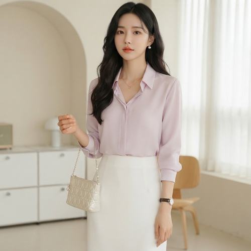 베이직 긴팔 카라 히든버튼 쉬폰 블라우스 단정한 면접 브라우스