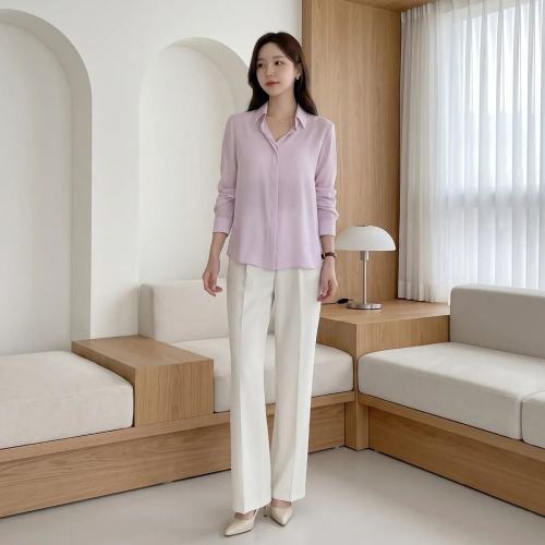 베이직 긴팔 카라 히든버튼 쉬폰 블라우스 단정한 면접 브라우스