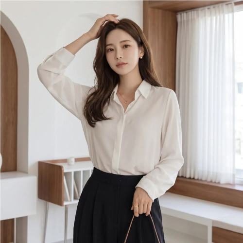 베이직 긴팔 카라 히든버튼 쉬폰 블라우스 단정한 면접 브라우스