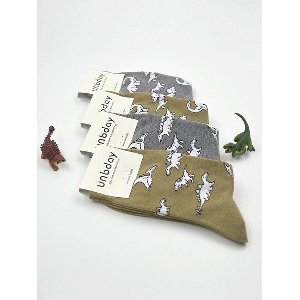 남녀공용 공룡 패턴 삭스 Khaki-A