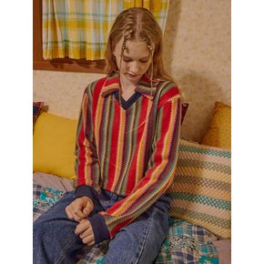 Open Collar Stripe Knit (Red)