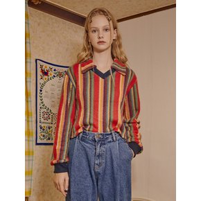 Open Collar Stripe Knit (Red)