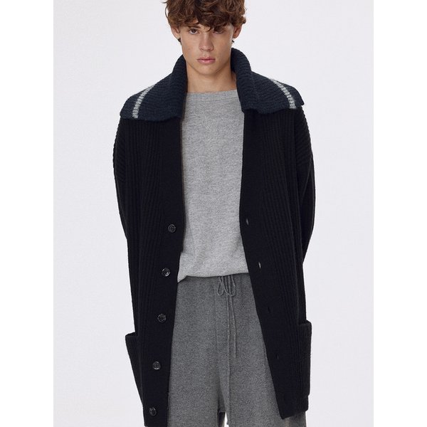 Bulky wool detachable collar coatigan_Black