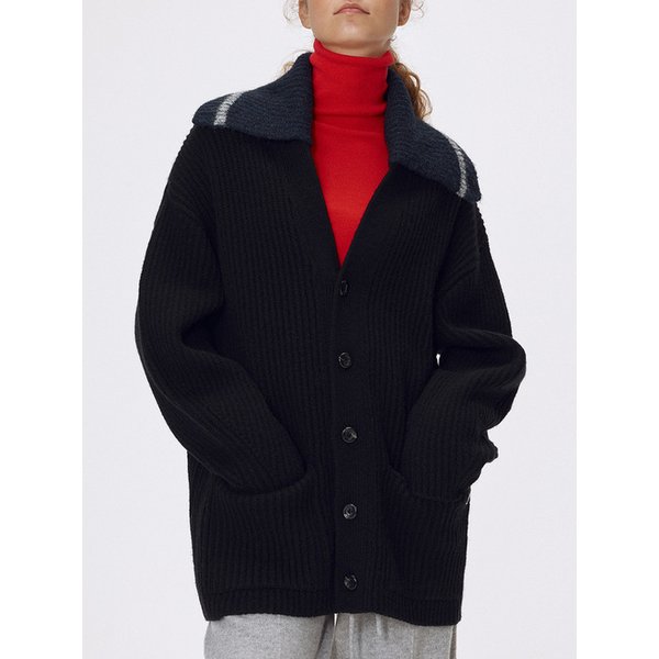 Bulky wool detachable collar coatigan_Black