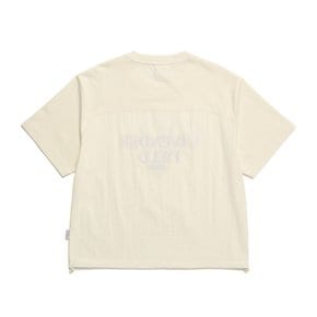N242WTS030 여성 우븐 배색 아트웍 세미 크롭 반팔 티셔츠 CRYSTAL BEIGE