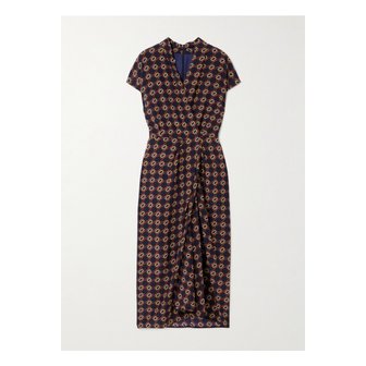 드리스반노튼 랩 이펙트 프린트 실크 크레이프 미디 드레스 브라운 46376663162929174