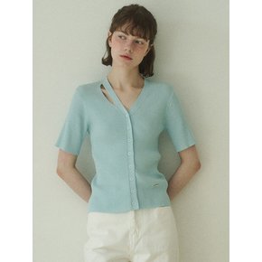 Watery silky half sleeve cutting knit cardigan