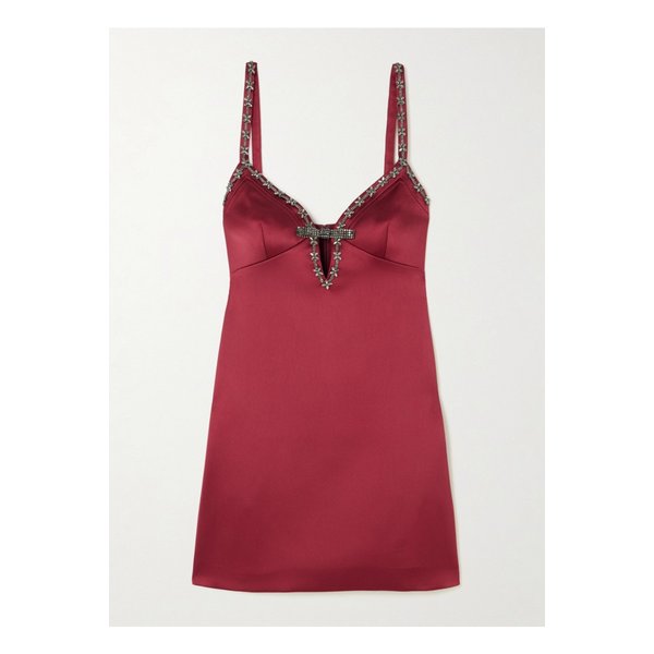 크리스털 장식 새틴 미니 드레스 버건디 1647597350564128