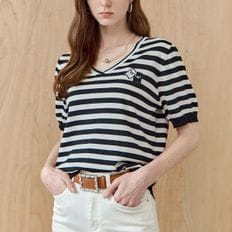마쟈 스트라이프 브이넥 피그 자수 반팔 니트_P362761323